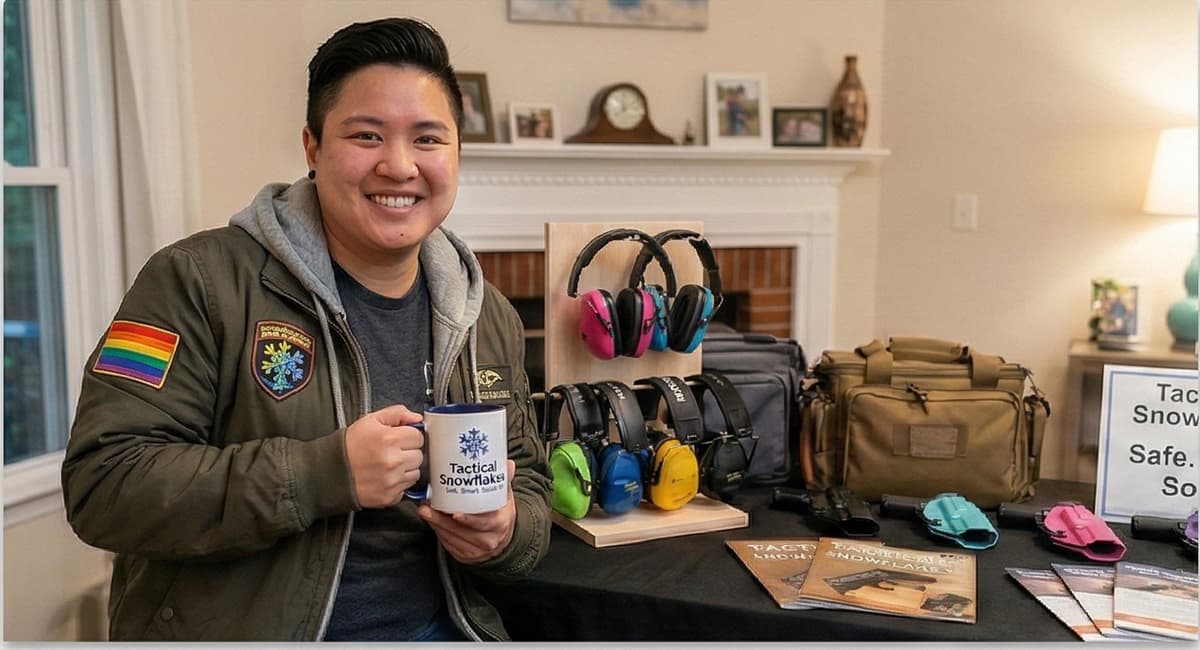 Tactical Snowflakes community member with training gear and branded mug