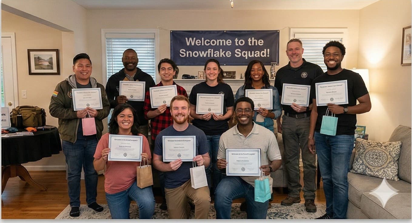 Tactical Snowflakes training graduates holding certificates at a Training Party