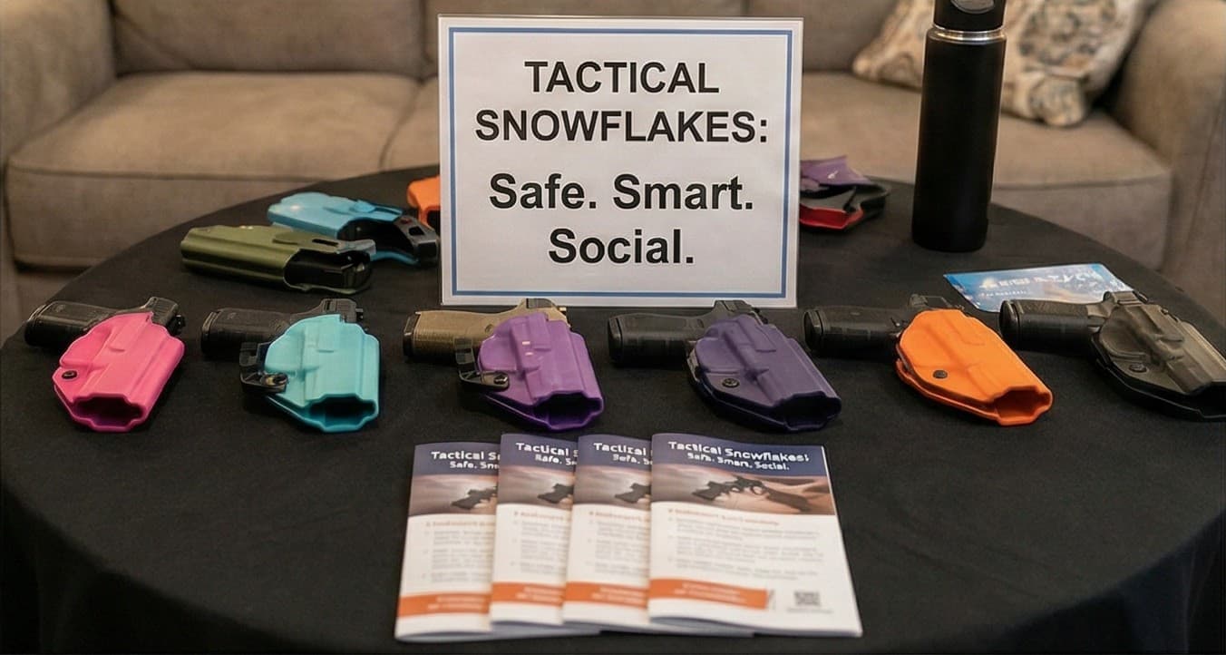 Training party display table with colorful holsters, brochures, and safety materials